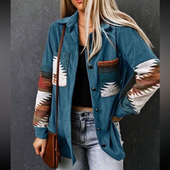 Cozy Boho Oversized Aztec Print Pocket Corduroy Jacket Shacket Button Down Shirt - Picture 1 of 7